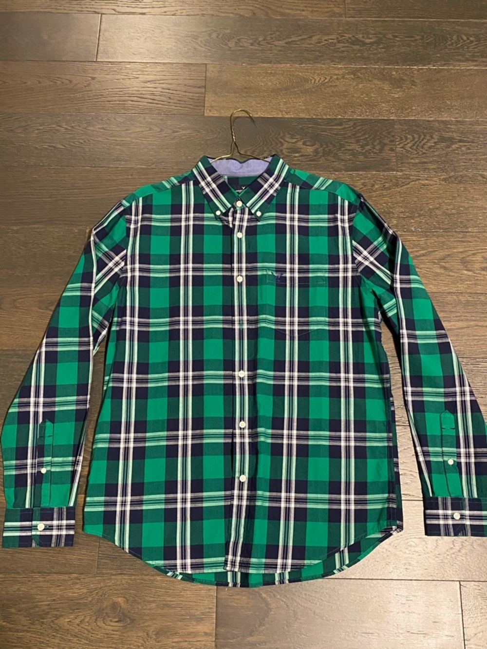 American Eagle Outfitters Green and Navy Plaid Button-Down Shirt